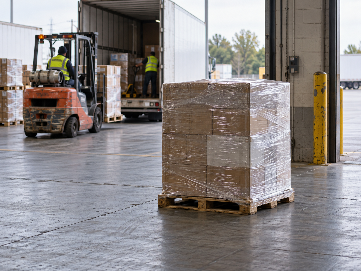 A single stretch-wrapped pallet standing alone on a dock apron, separated from a forklift and workers loading a trailer in the background.