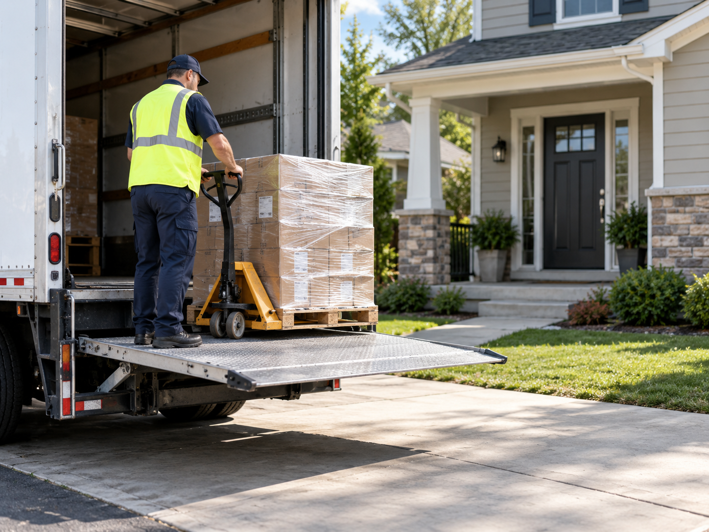 A driver in a high-visibility vest moving a wrapped pallet with a pallet jack inside a box truck, the liftgate lowered onto a driveway in front of a house.