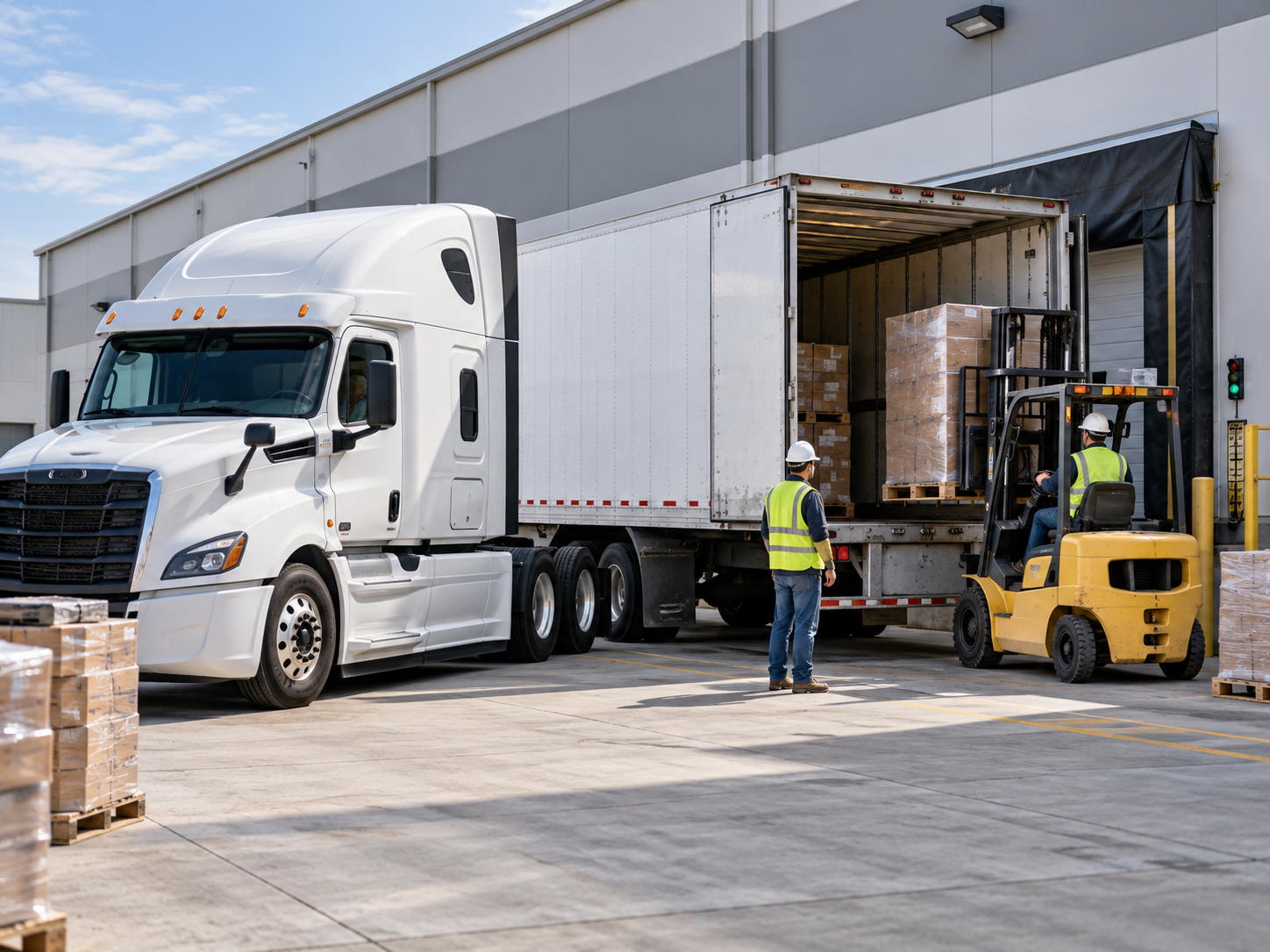 Illustrative warehouse loading scene with a white freight truck, palletized cartons, a forklift and workers in high-visibility vests.