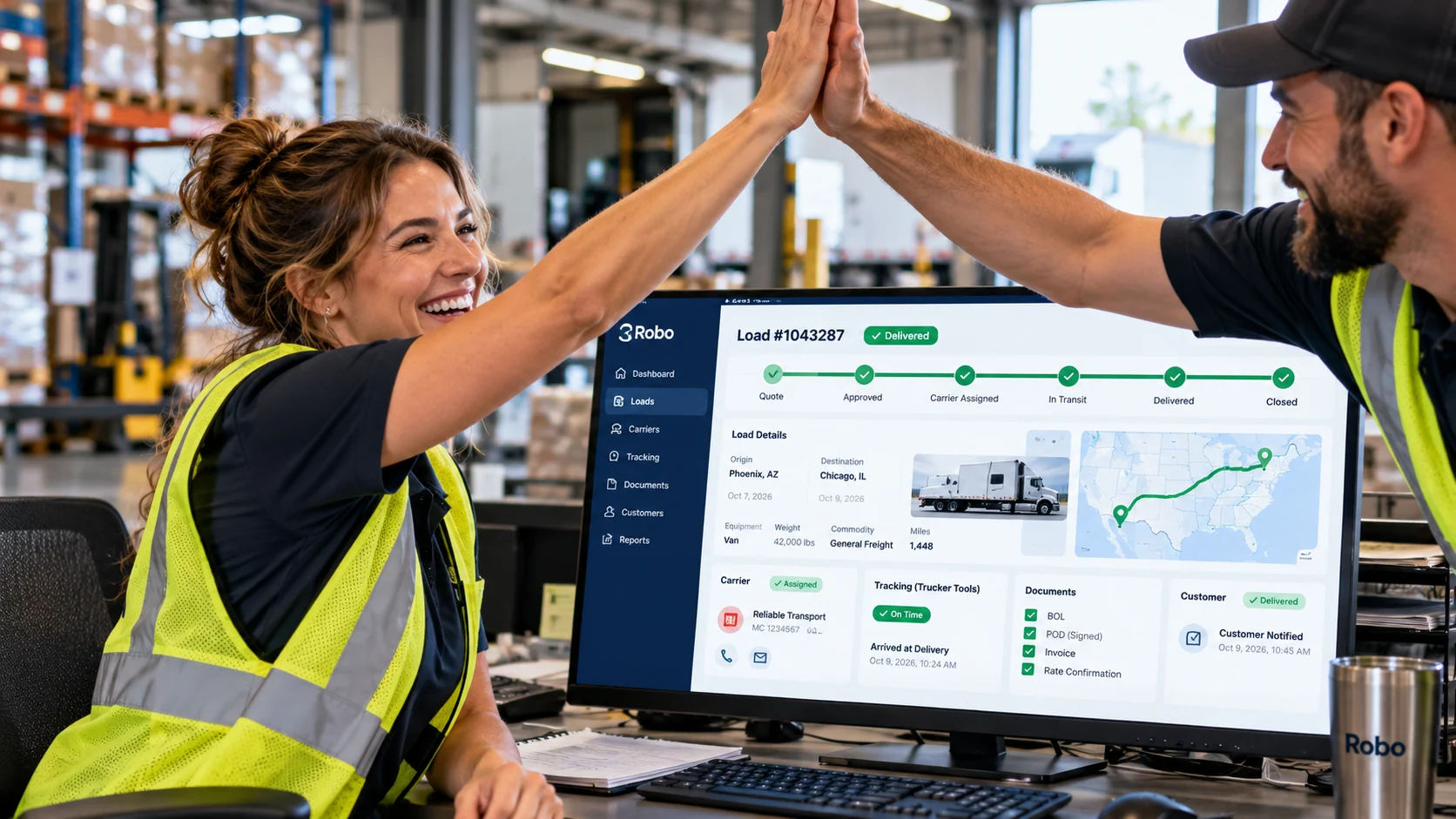 Warehouse team celebrating a delivered shipment with the completed Robo load record visible on screen.