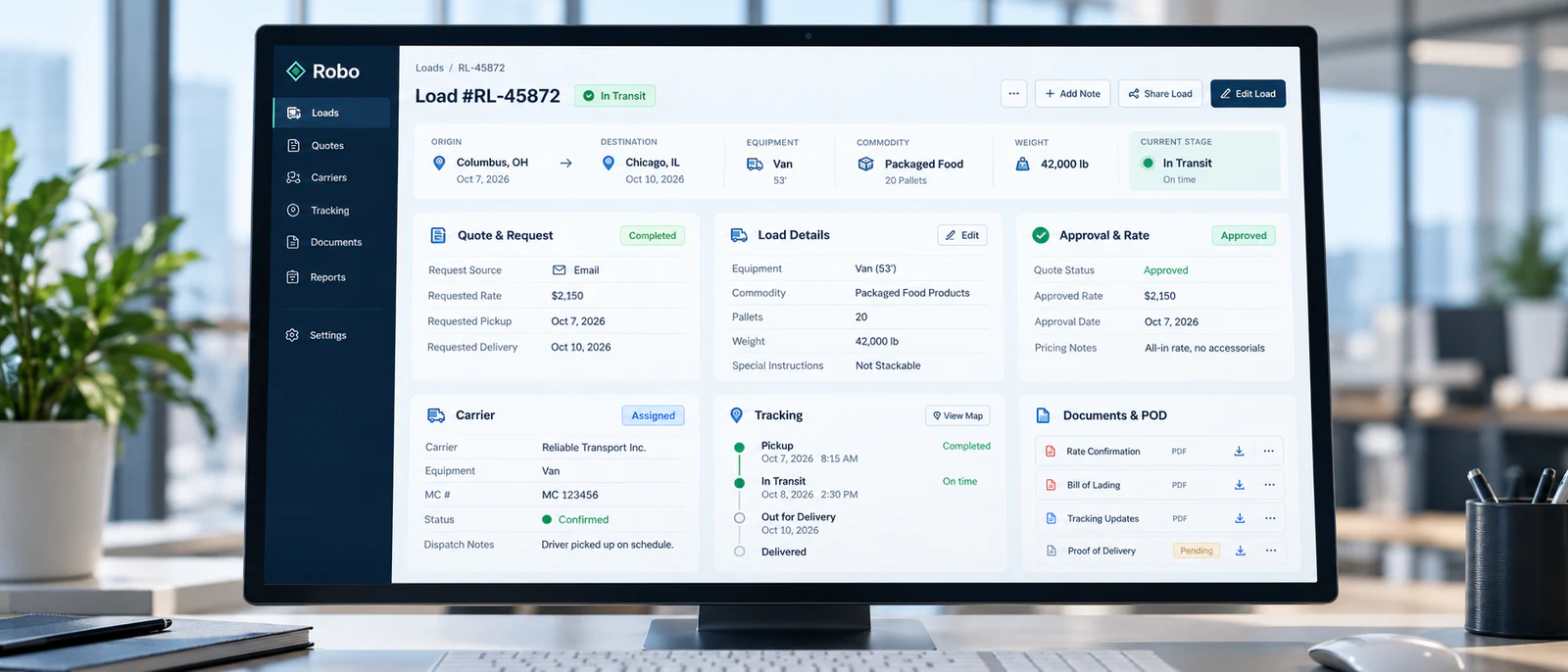 Robo working load record showing shipment details, quote approval, assigned carrier, tracking status, documents, and proof of delivery in one view.