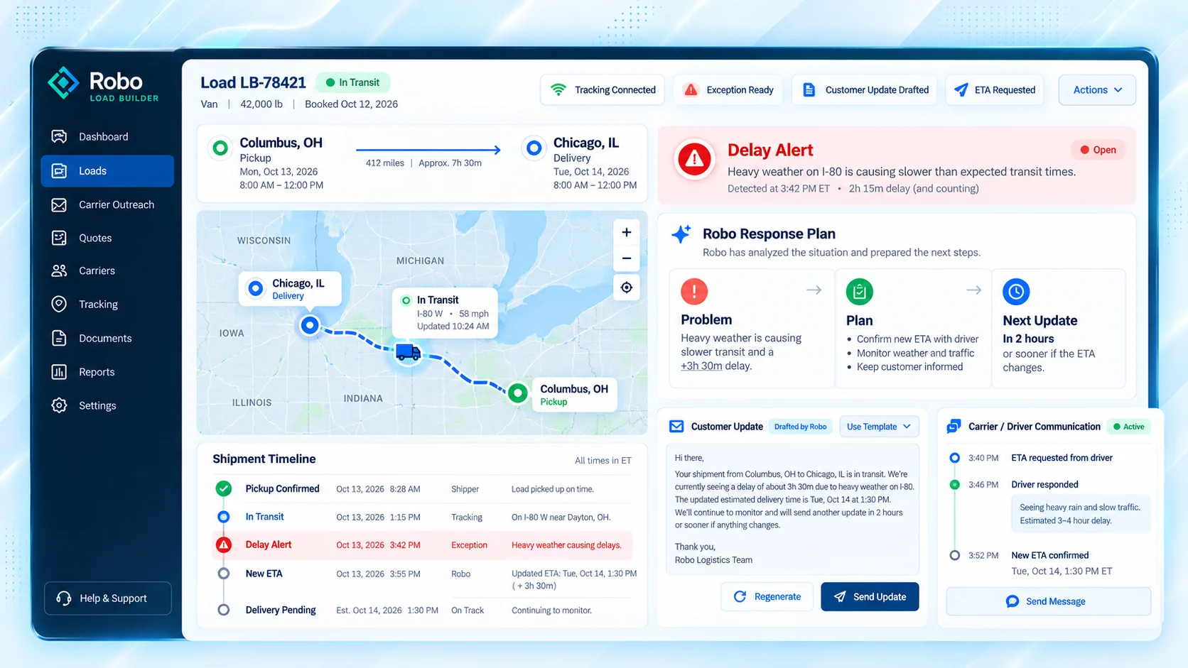Robo tracking screen showing an in-transit shipment, a delay alert, response plan, customer update, and driver communication.