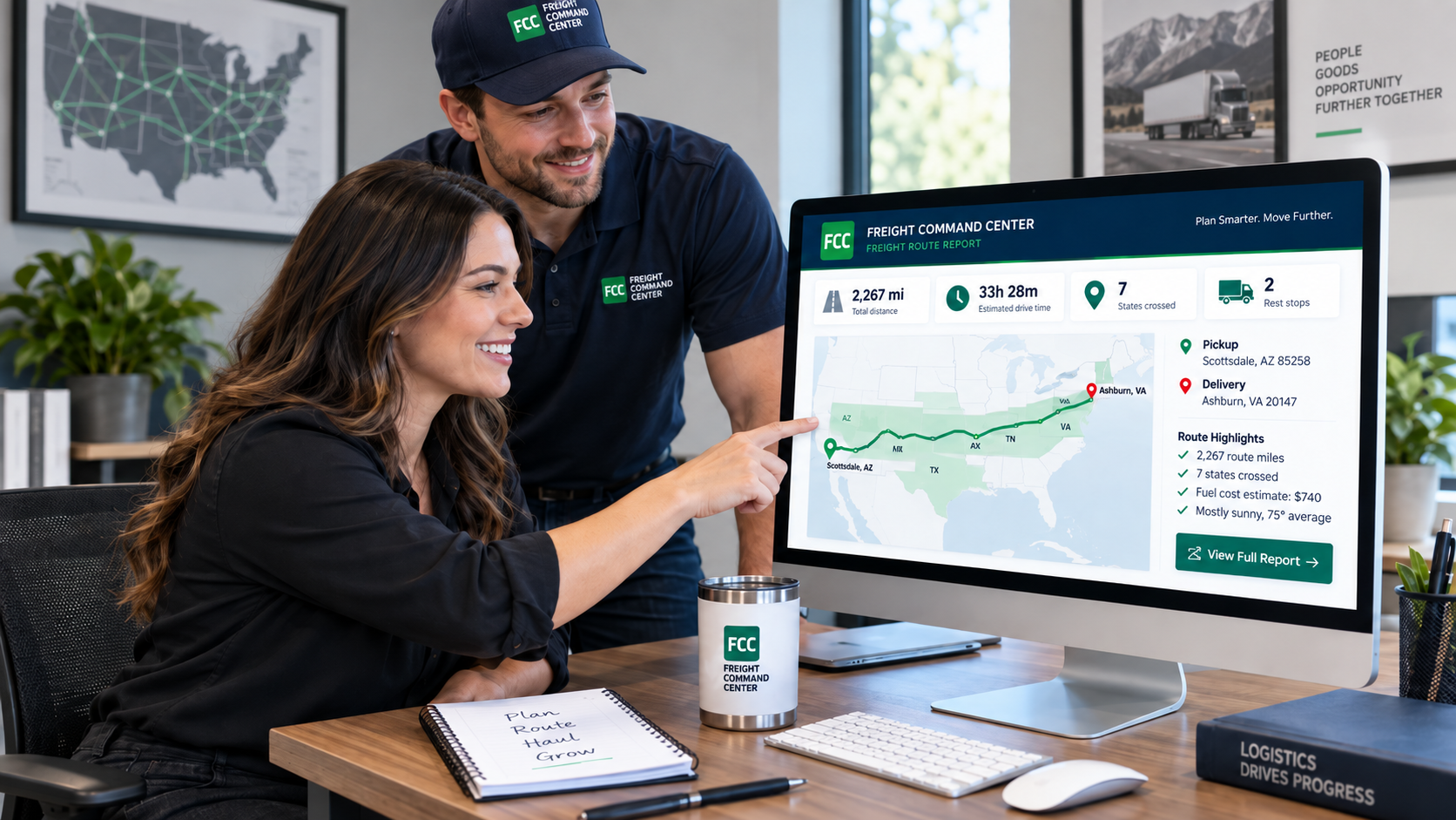 A woman at an office desk points to a freight route report on her monitor while a man in a Freight Command Center cap and shirt looks on; the report maps a truck route from Scottsdale, Arizona to Ashburn, Virginia.