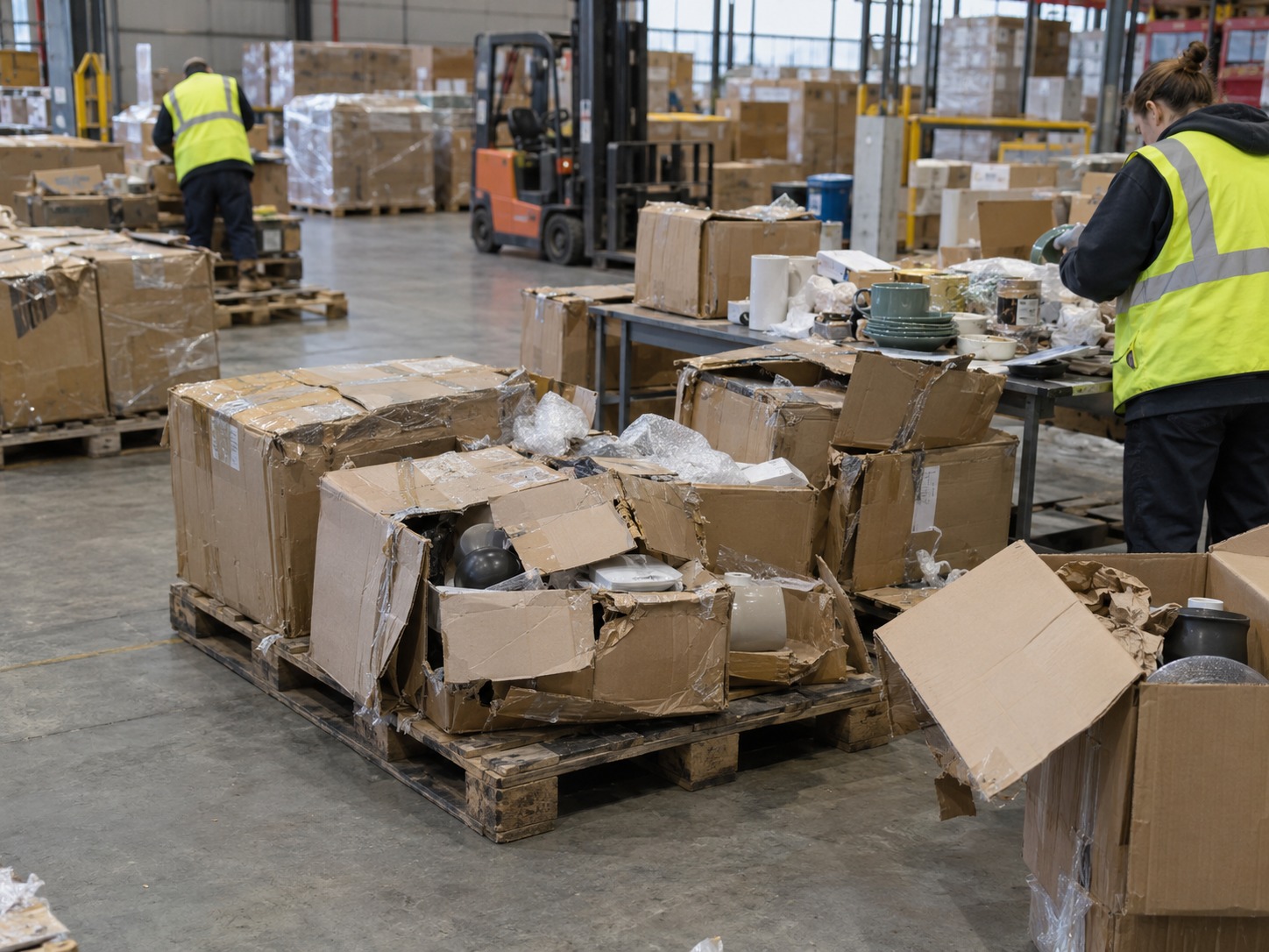 Opened and crushed cartons on pallets in a warehouse sorting area, with workers separating damaged product onto tables.
