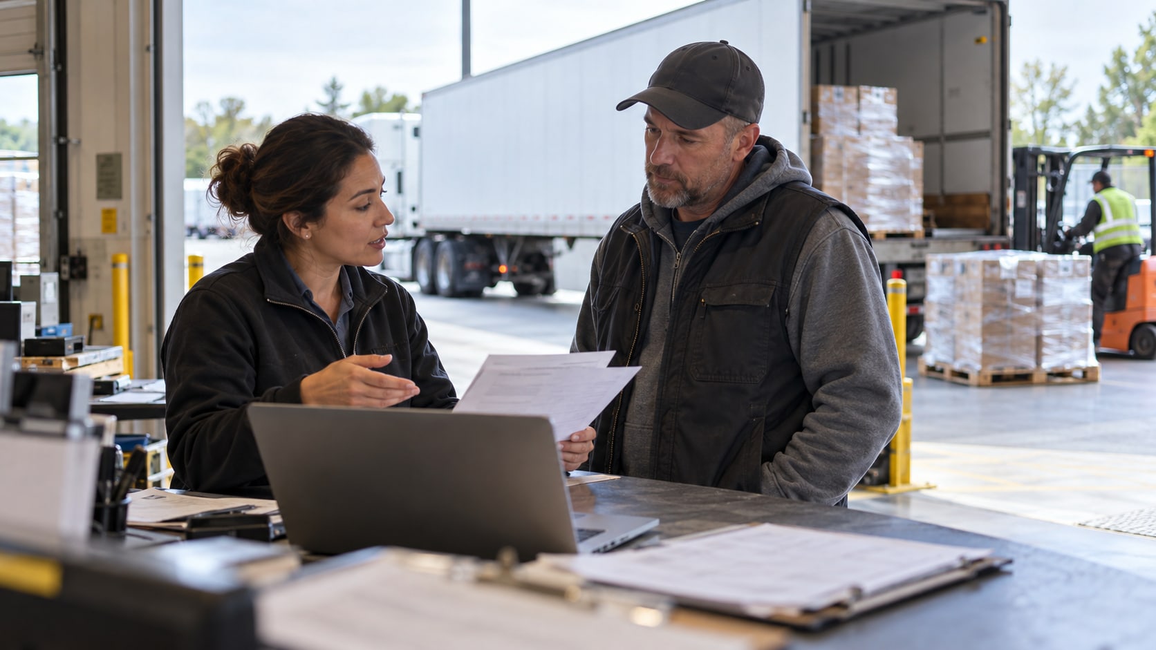 A shipping clerk explains paperwork to a truck driver at a dock office desk, with a laptop and forms spread out.