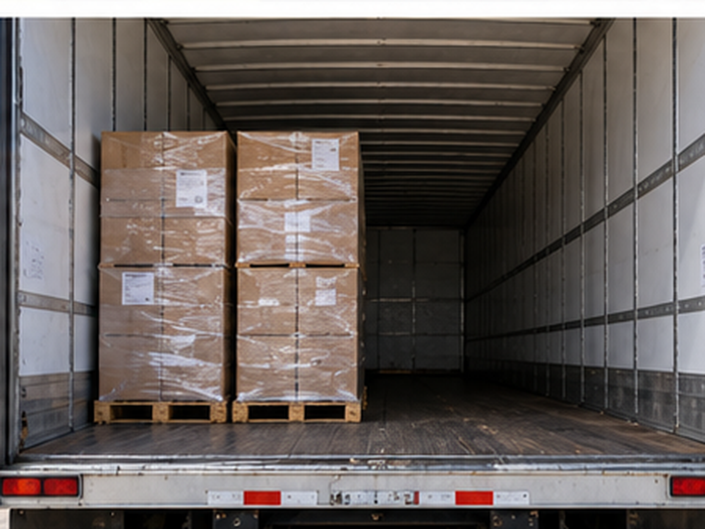 Looking into a trailer from the rear doors: two pallets near the doors and empty trailer floor stretching away behind them.