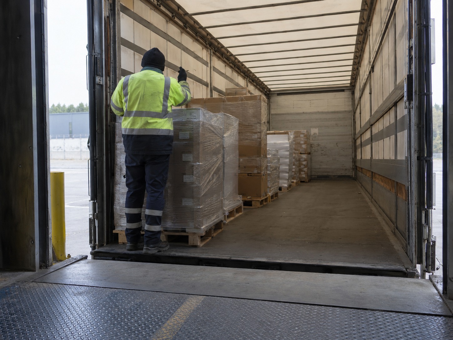 A worker in a high-visibility vest inside a partly loaded trailer counting pallets, with a long stretch of empty trailer floor beyond the freight.