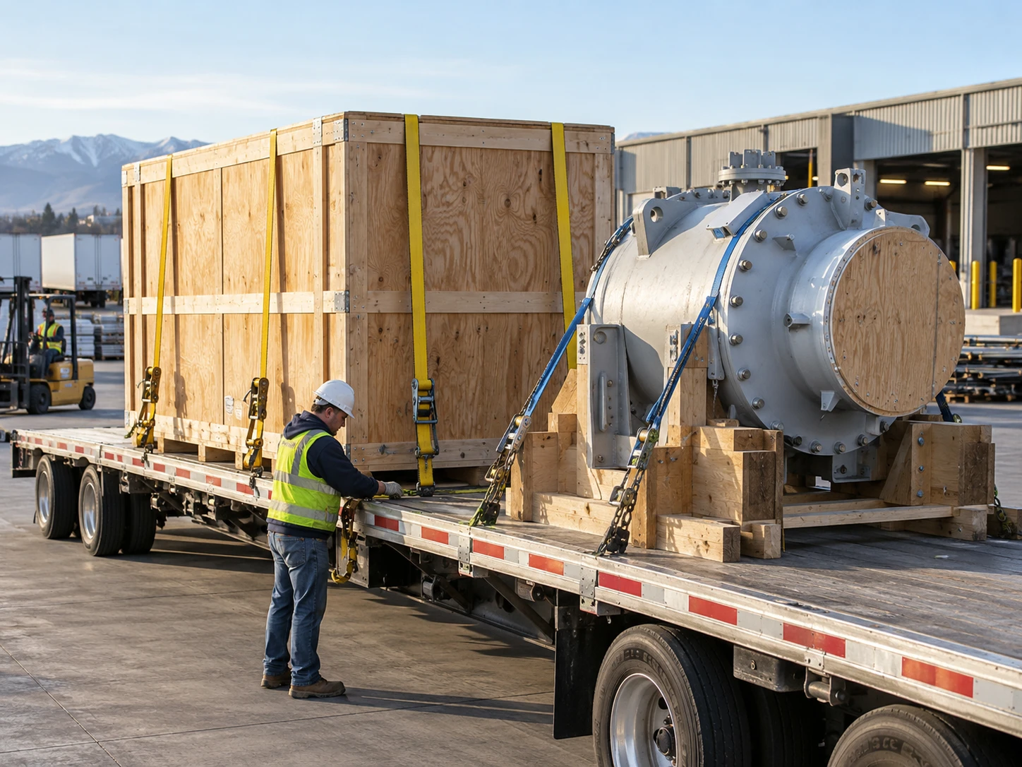 A large wooden crate and a flanged industrial component on timber cribbing, strapped to a flatbed trailer while a worker in a hard hat and high-visibility vest tightens a ratchet strap.