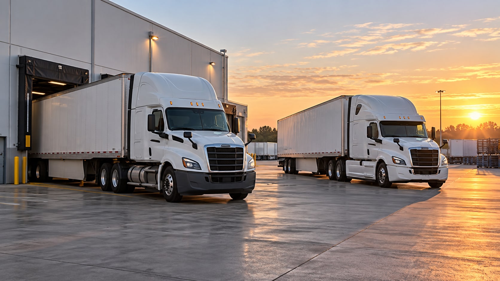 Two white tractor-trailers at a distribution center at sunrise, one backed into a dock door and one waiting on the apron.