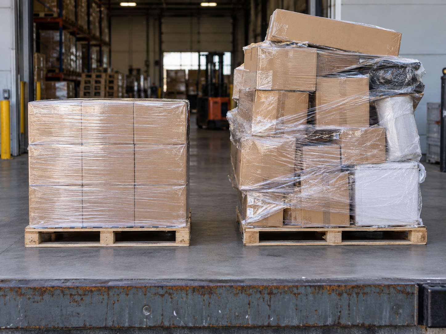 A square, flat-topped stretch-wrapped pallet beside one built from mismatched cartons with an uneven, protruding top and nothing loaded above it.