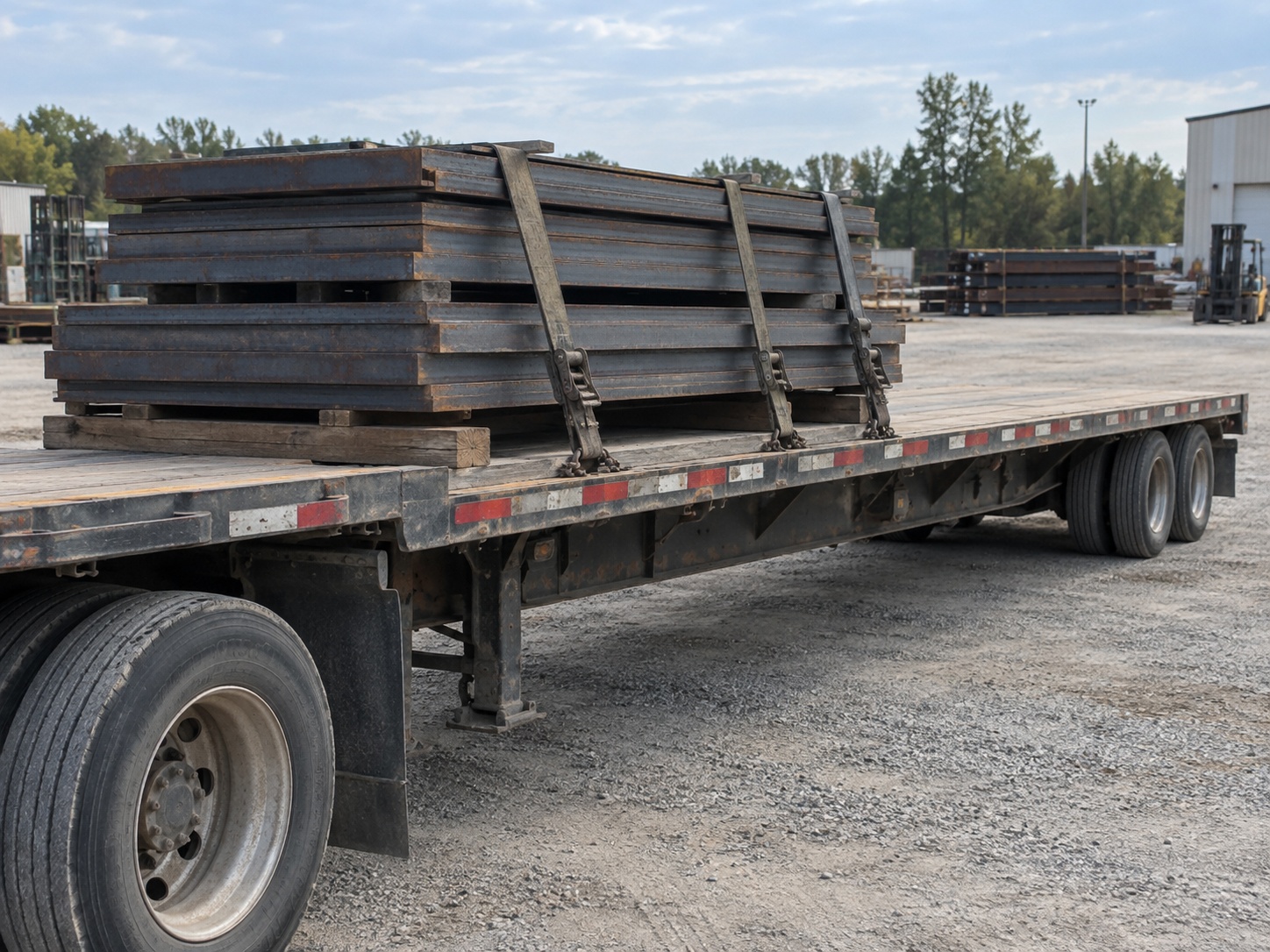 Stacked steel plate strapped low over the front half of a flatbed trailer, with a long stretch of empty deck running back behind it.