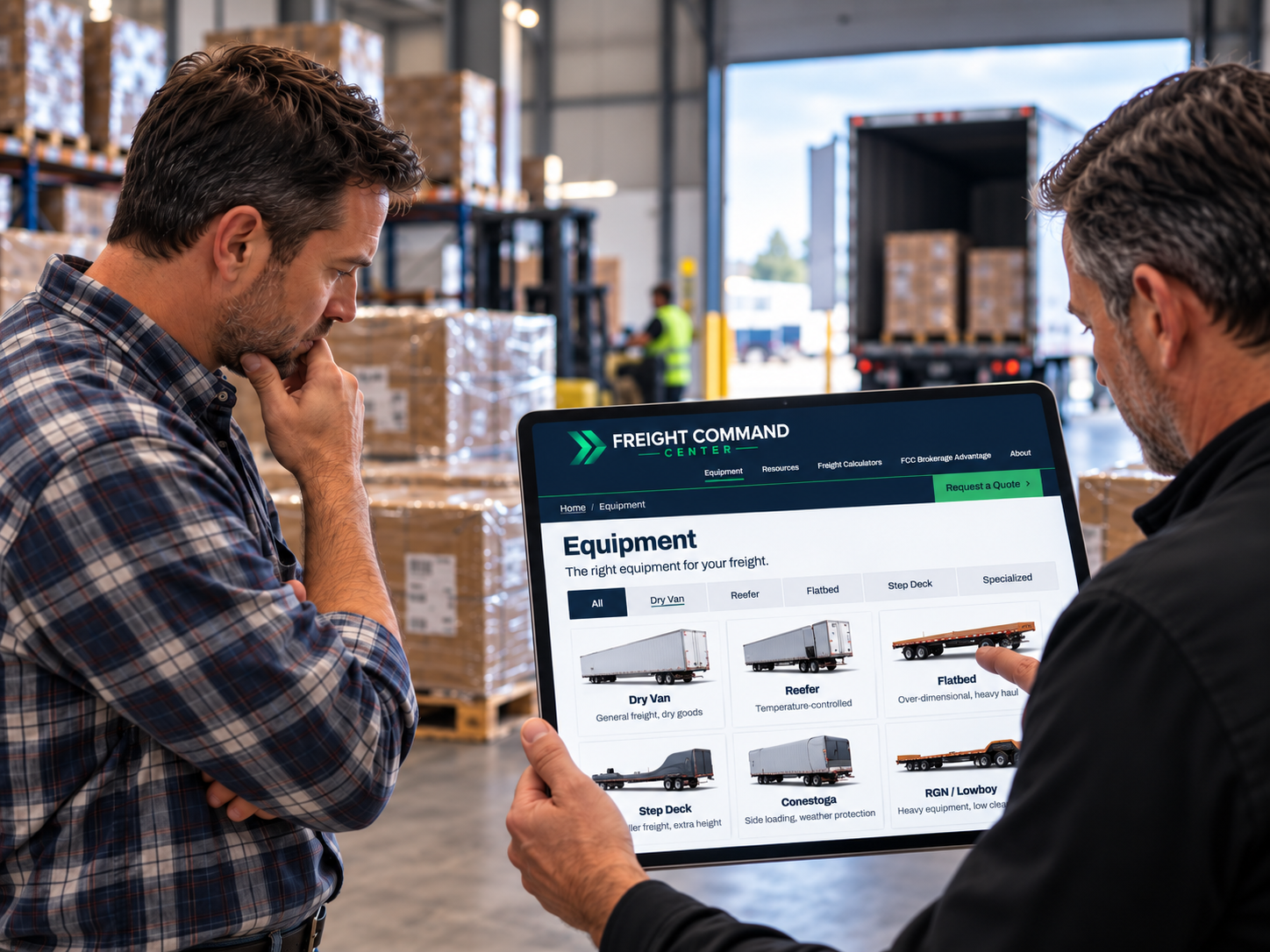 A shipping coordinator and a freight broker reviewing trailer and equipment options on a tablet at a warehouse loading dock, with a loaded trailer at the bay behind them.