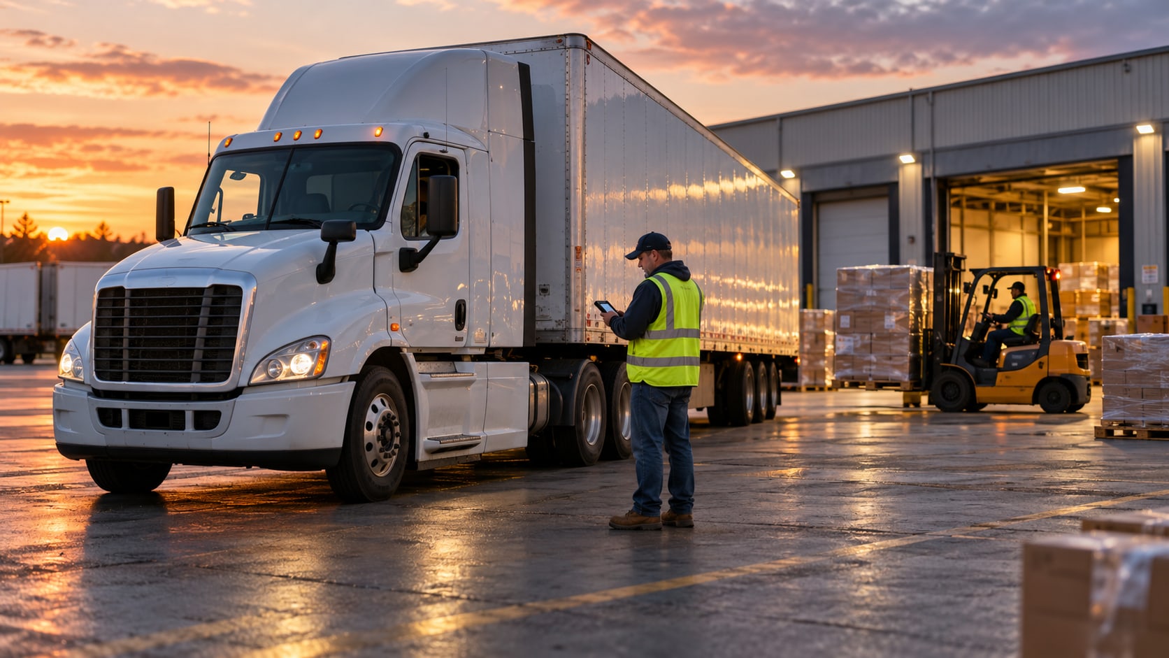 A yard worker in hi-vis checks a load status on a handheld beside a tractor-trailer at sunrise, a forklift working behind.