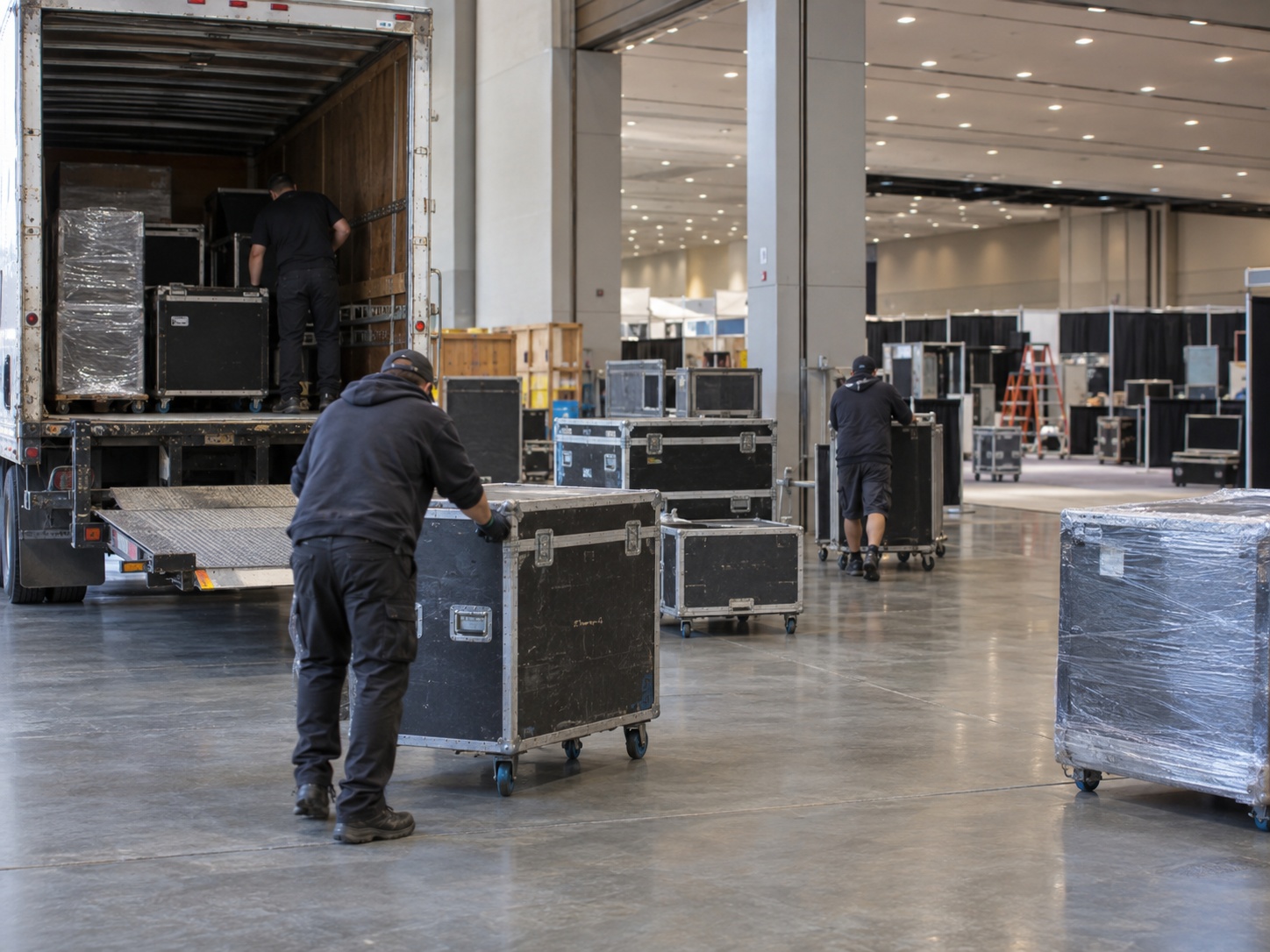 Crew unloading wheeled road cases and crates from a trailer into a wide, brightly lit convention centre hall.