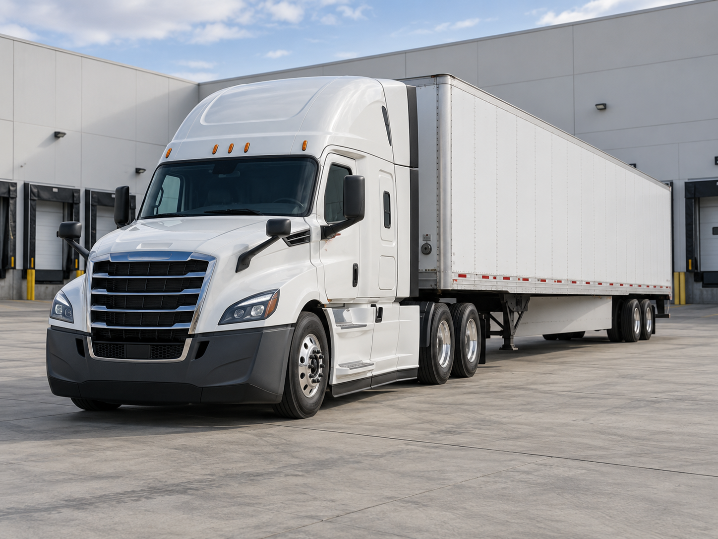 White highway tractor with an enclosed dry van trailer parked beside warehouse loading docks.