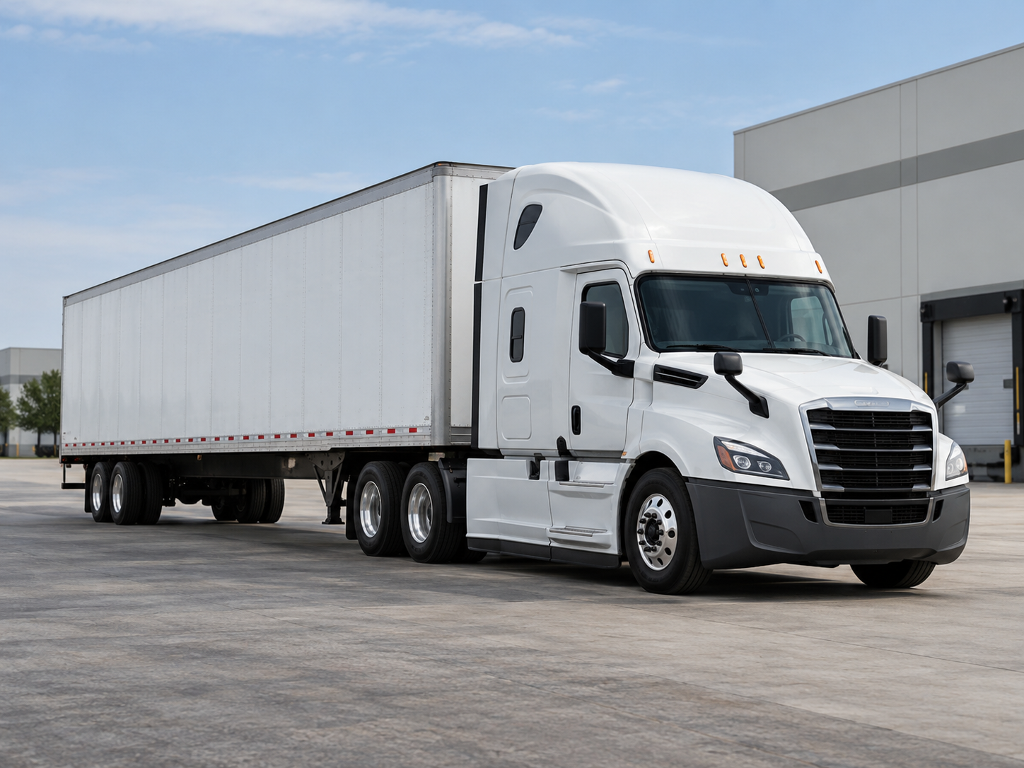 White tractor and enclosed dry van trailer shown from the side at a warehouse.