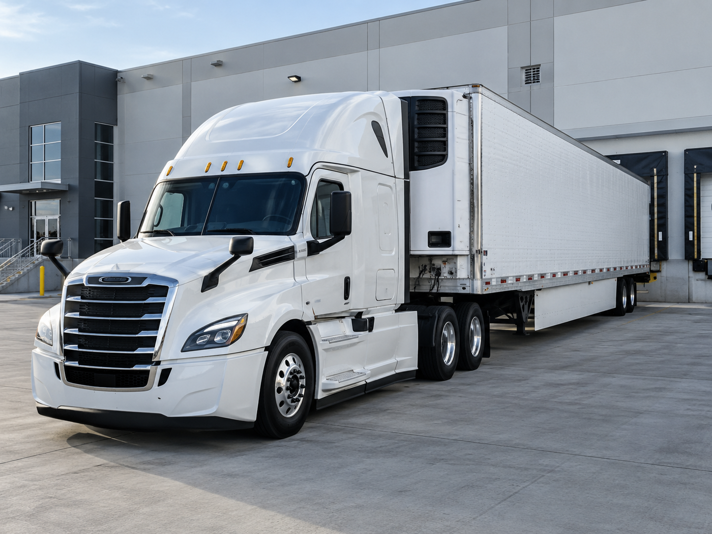 White tractor with a refrigerated trailer and visible front-mounted refrigeration unit at a loading dock.