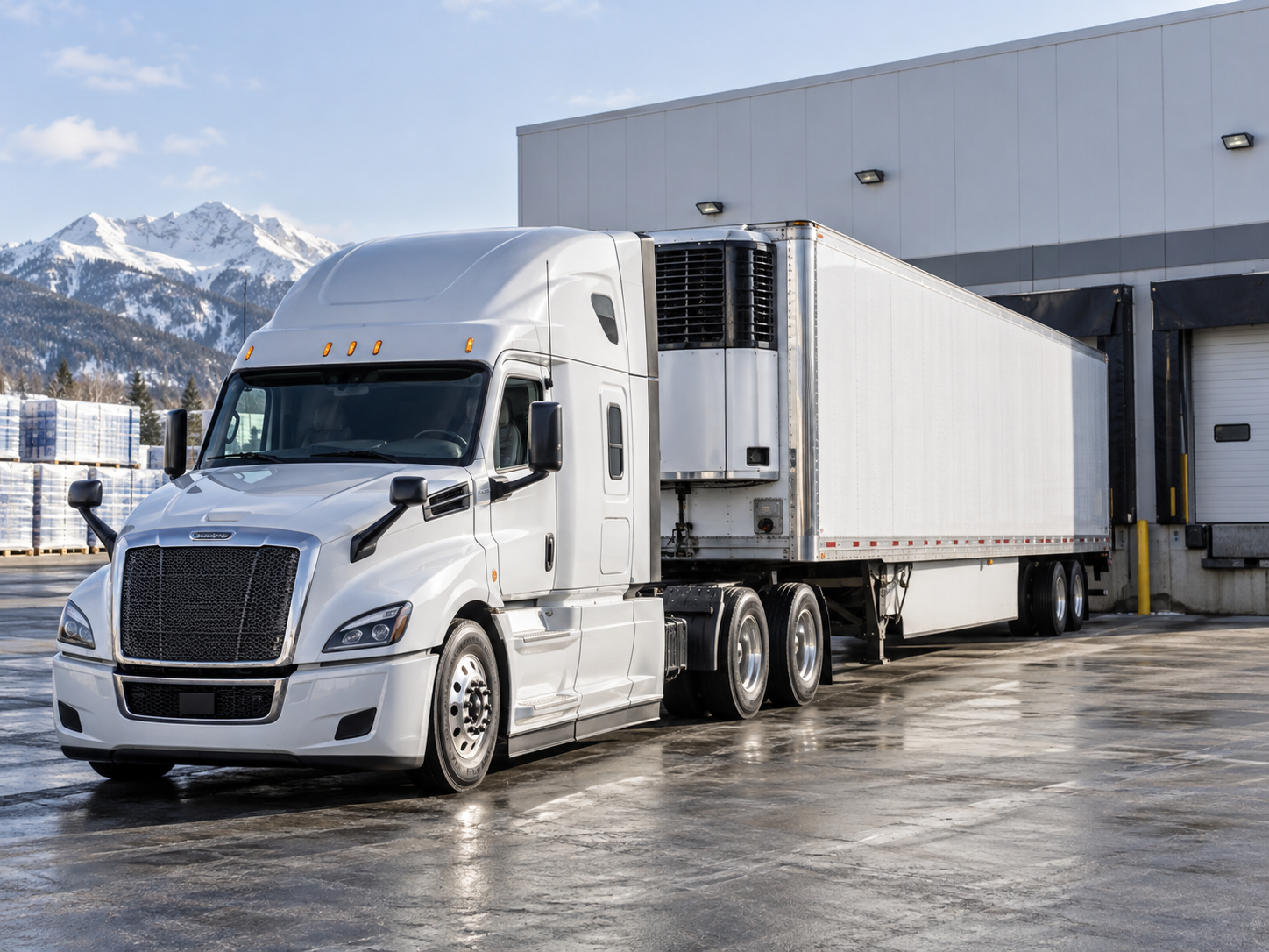 White tractor and refrigerated trailer with a front refrigeration unit outside a warehouse in a mountain setting.