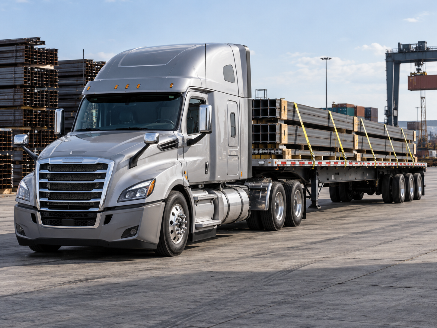 Silver tractor pulling an open flatbed trailer loaded with bundled steel beams at an industrial yard.