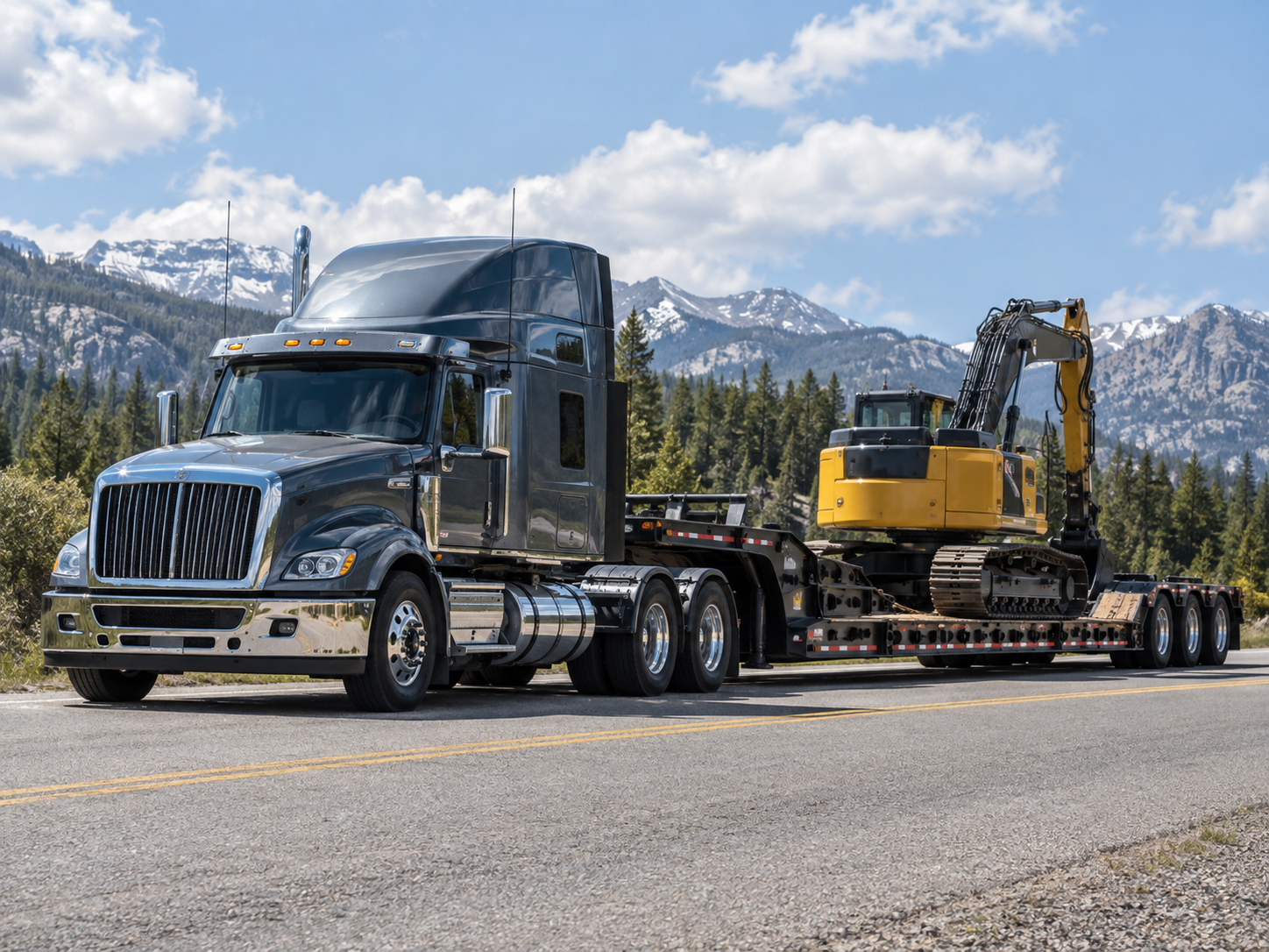 Heavy-haul tractor with an excavator carried in the low center well of a lowboy trailer.