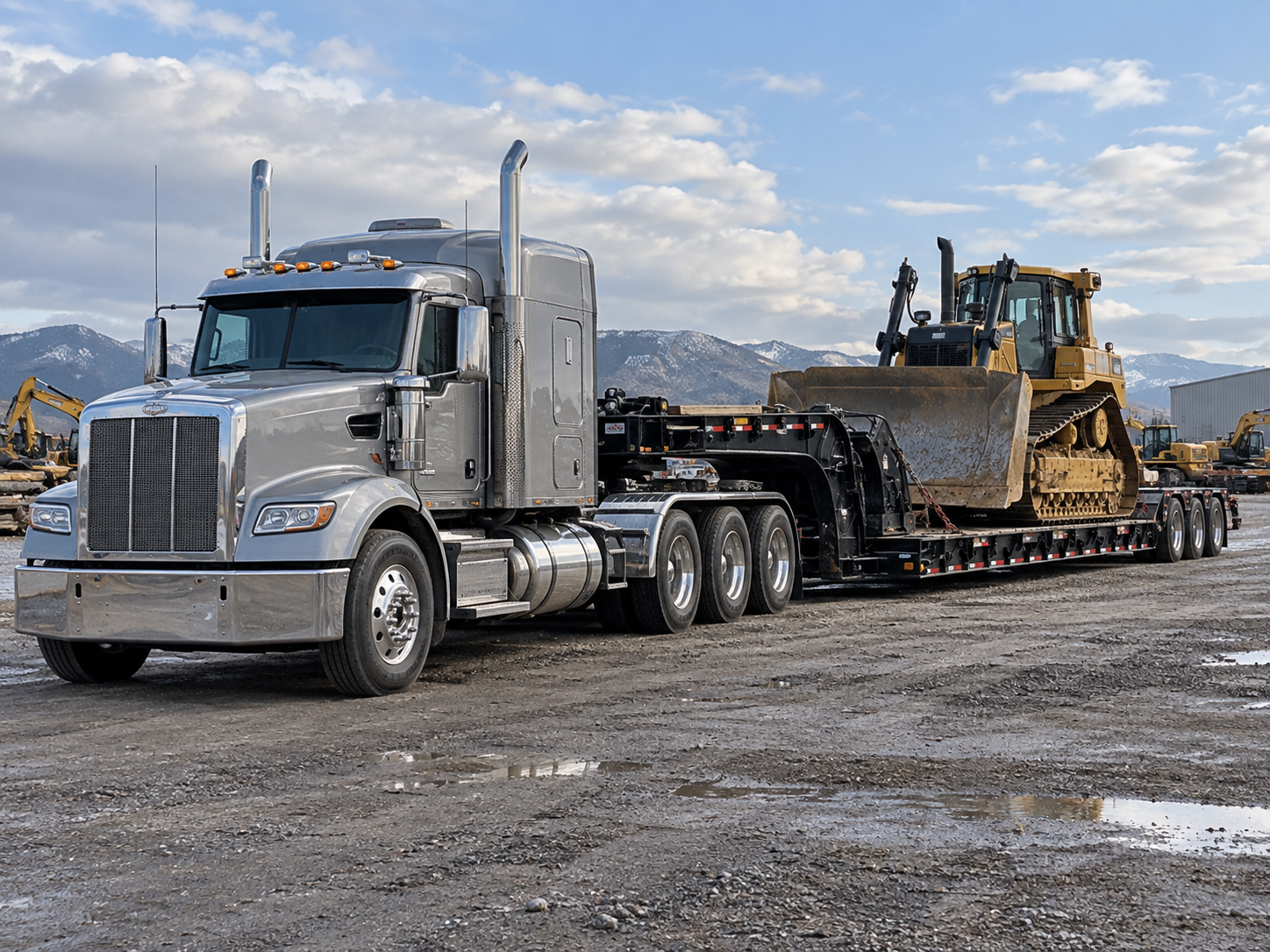 Silver heavy-haul tractor with a gooseneck lowboy trailer carrying a bulldozer at an equipment yard.