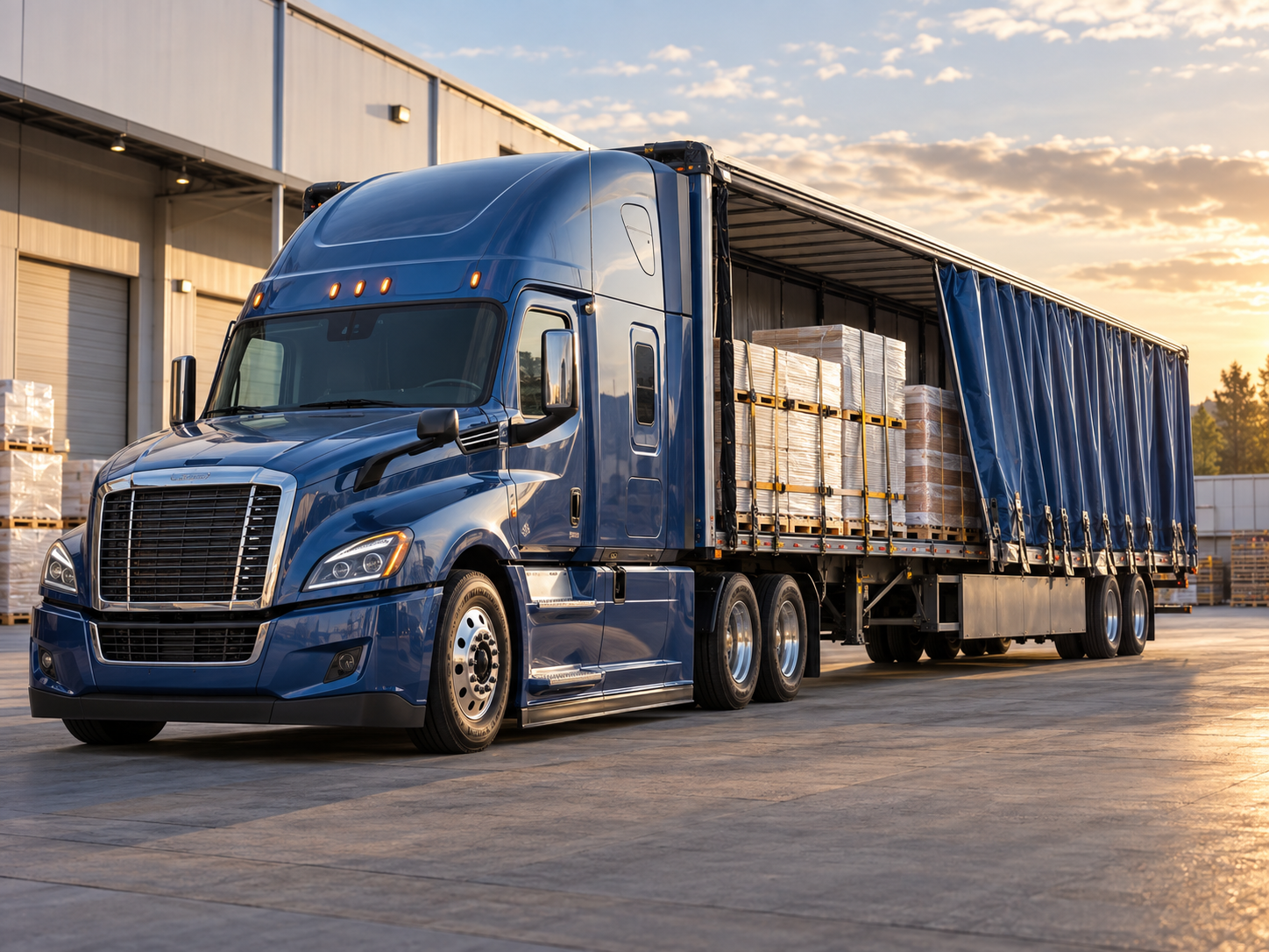 Blue tractor with a curtain-side trailer partially open to show palletized freight and side-loading access.