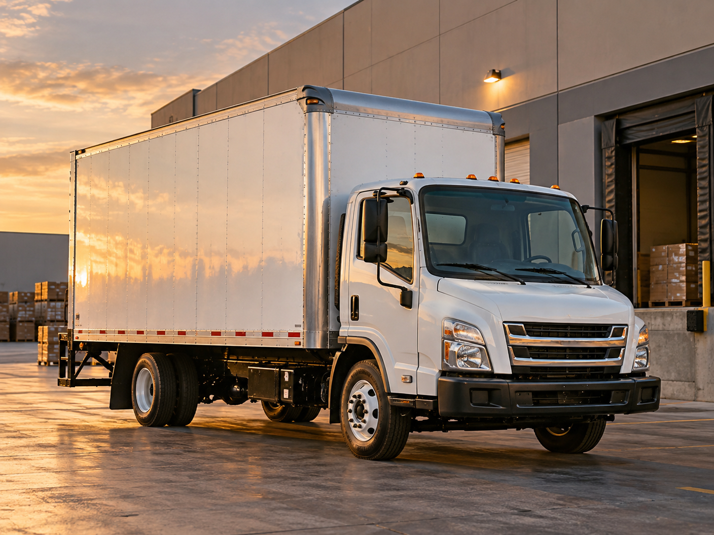 White straight truck with an enclosed cargo box at a warehouse loading dock.