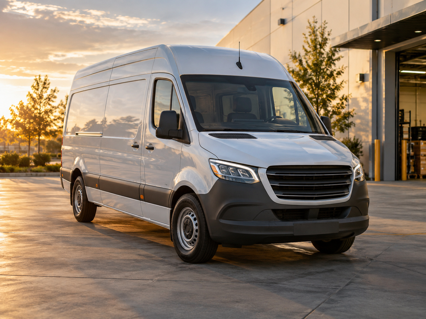 White high-roof Sprinter-style cargo van outside a warehouse.