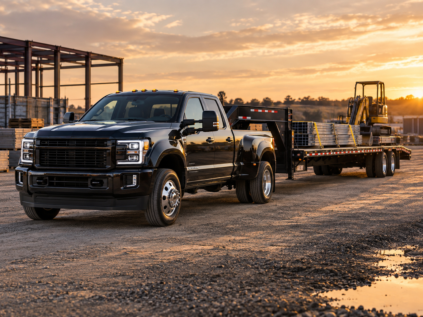 Heavy-duty pickup pulling a gooseneck flatbed with construction materials and compact equipment.