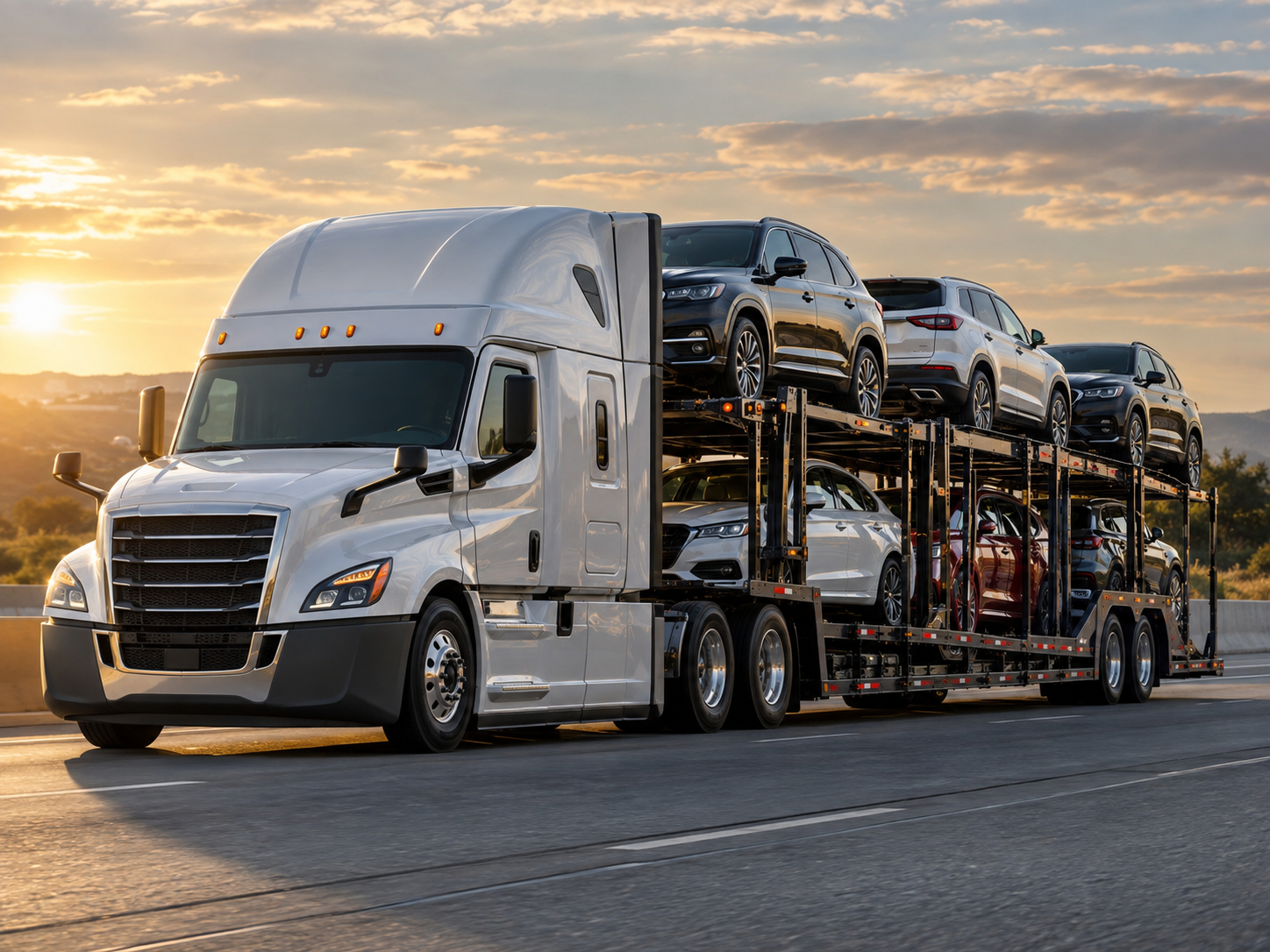 White tractor pulling a two-level open car hauler loaded with passenger vehicles.