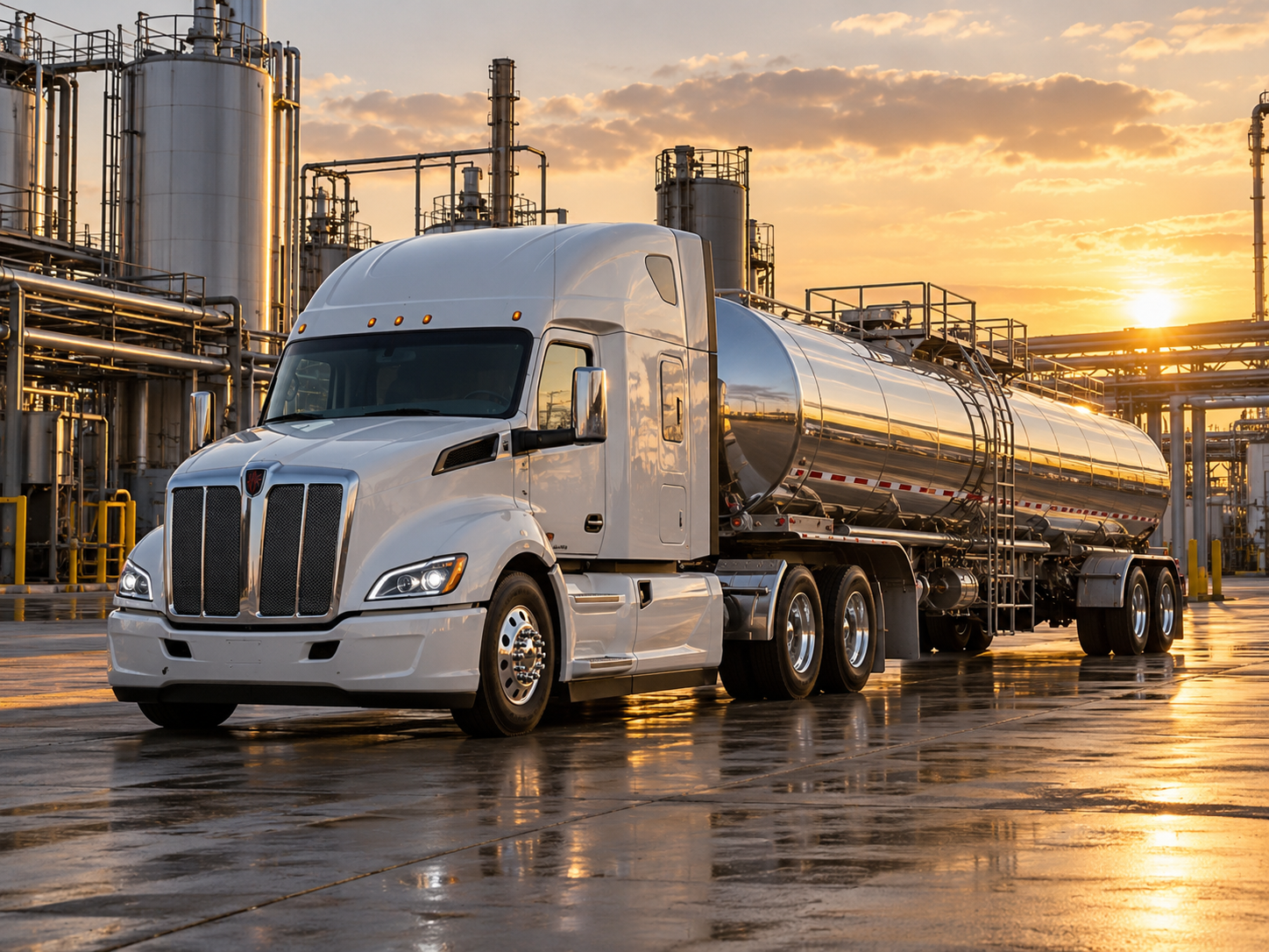 White tractor and polished cylindrical liquid tanker at an industrial facility.