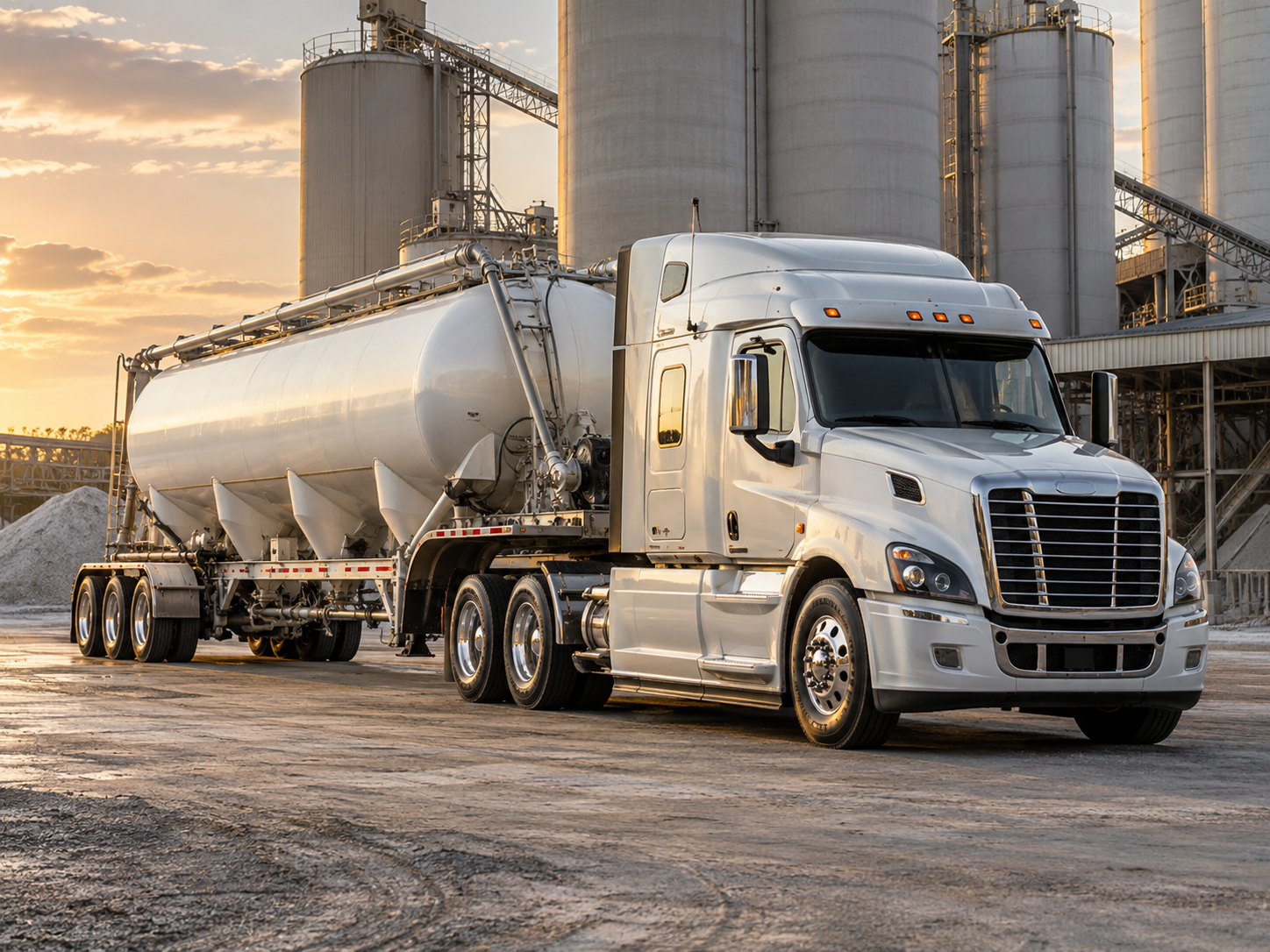 Pneumatic dry bulk tanker with cone-shaped lower hoppers and discharge piping beside storage silos.