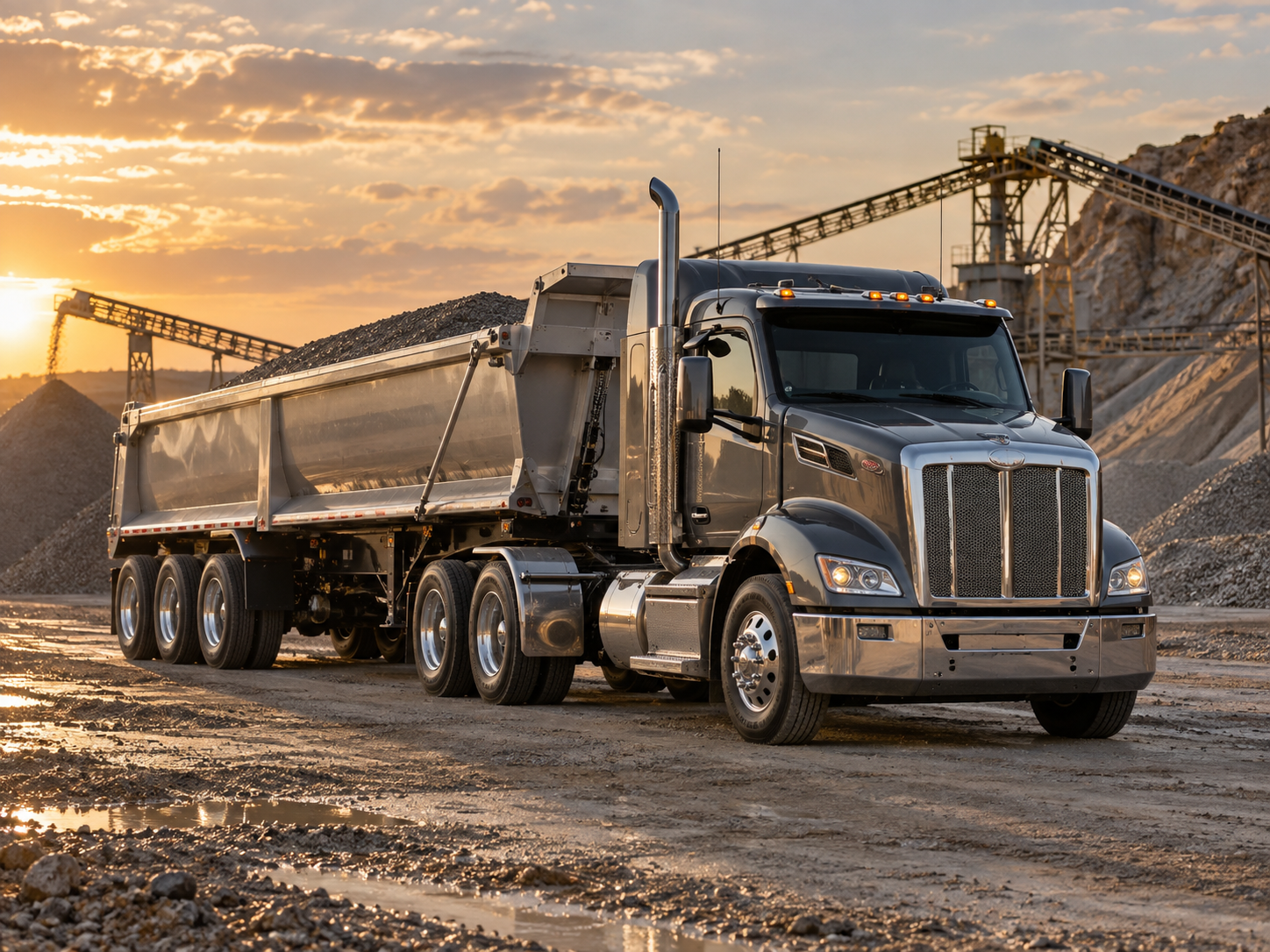 Tractor with an open-top end dump trailer carrying aggregate at a quarry.