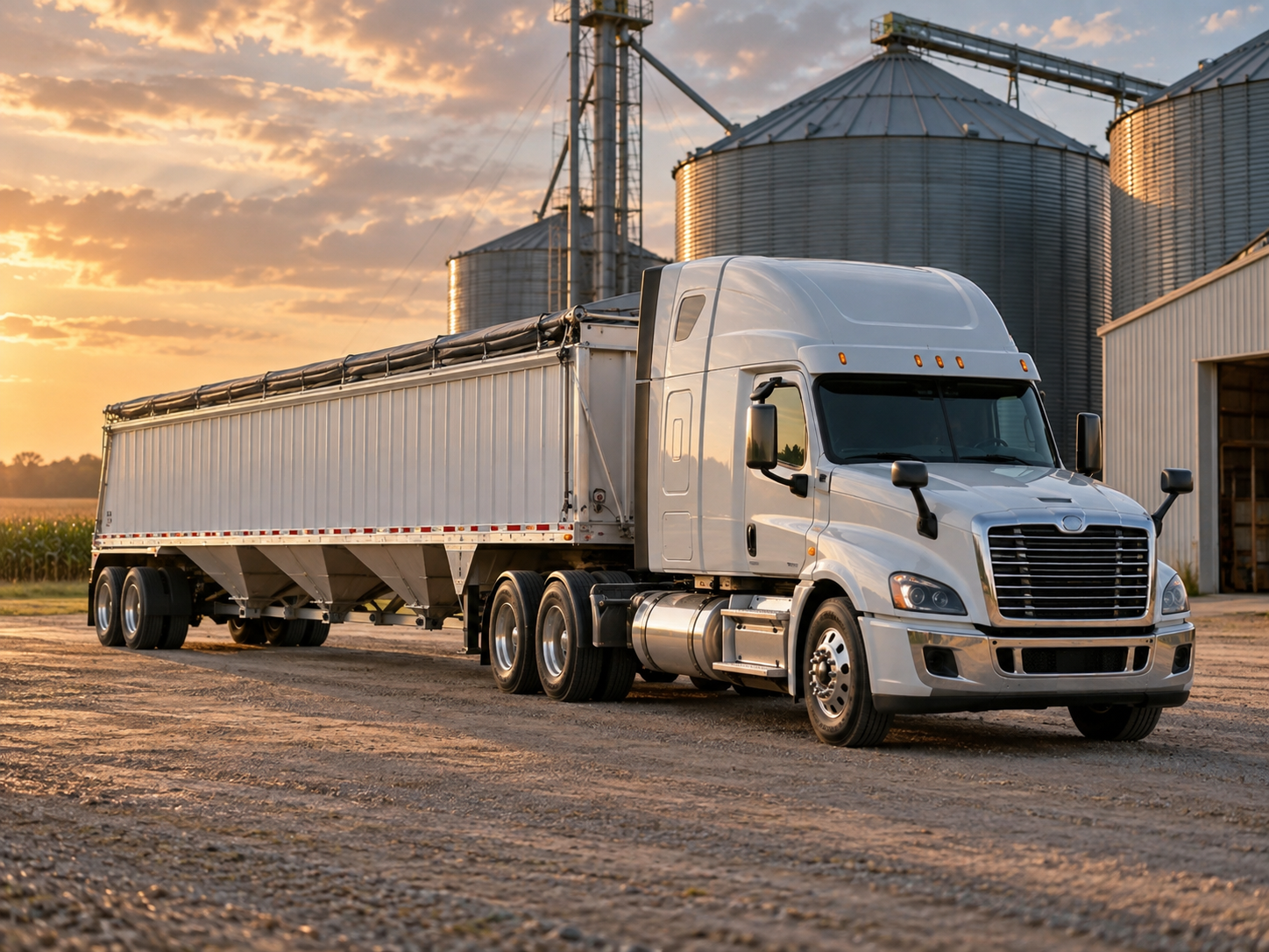 White tractor and grain trailer with bottom-discharge hoppers beside farm grain bins.