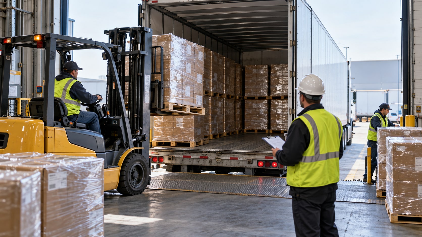 A forklift places wrapped pallets into a 53-foot trailer while a dock supervisor with a clipboard checks the load pattern.
