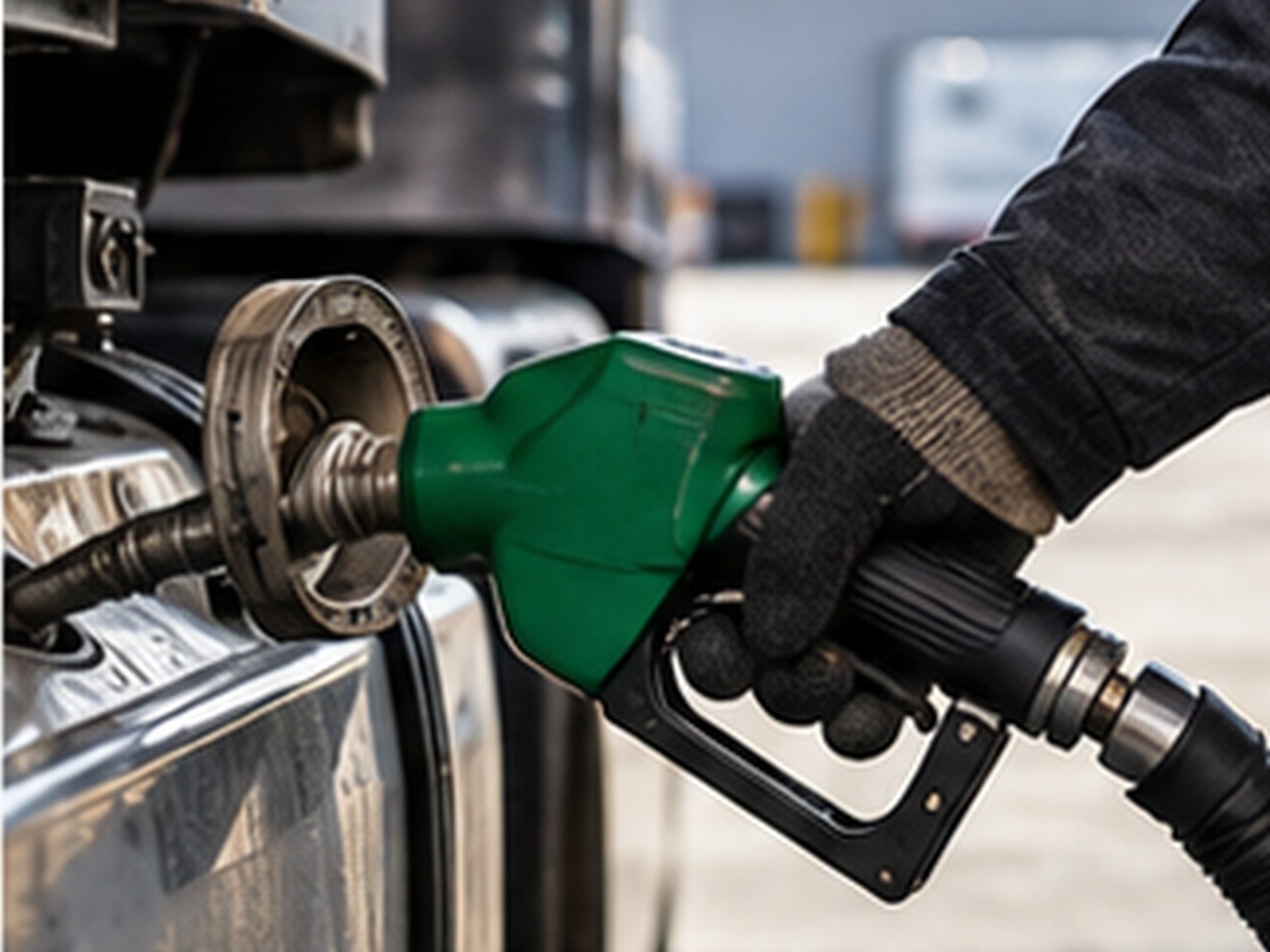 Diesel tractor-trailer being fueled at a commercial truck stop with the pump display too distant to read.