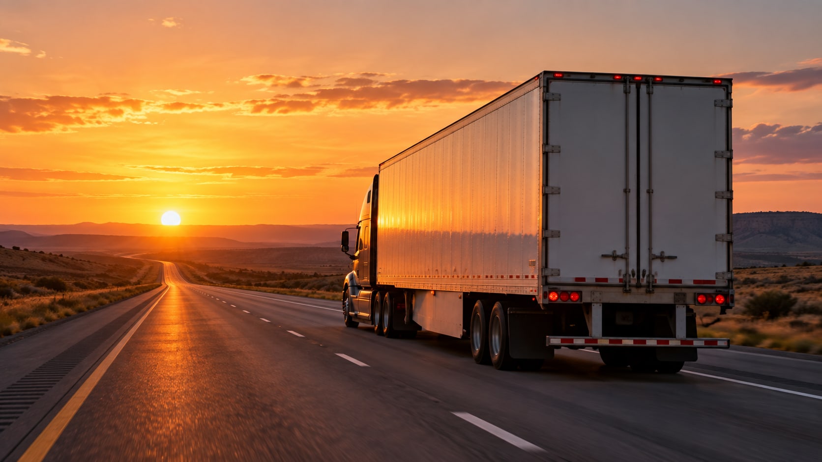 A dry van tractor-trailer drives down an empty highway toward the setting sun.