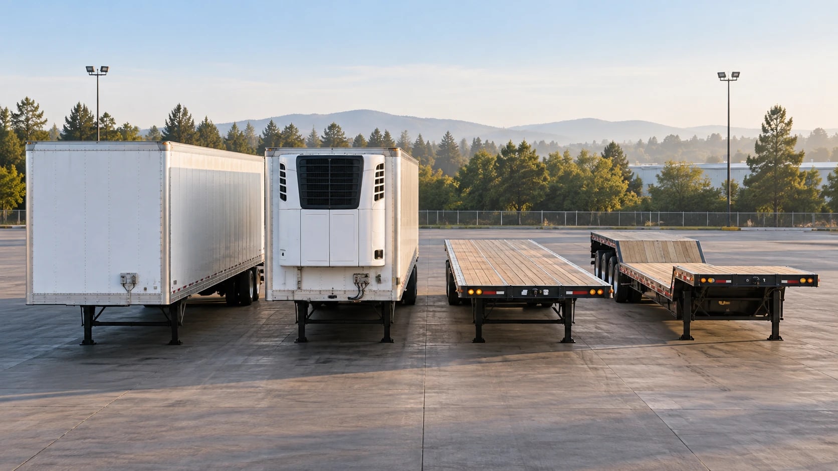 A dry van, a reefer, a flatbed and a step deck trailer parked side by side in a truck yard