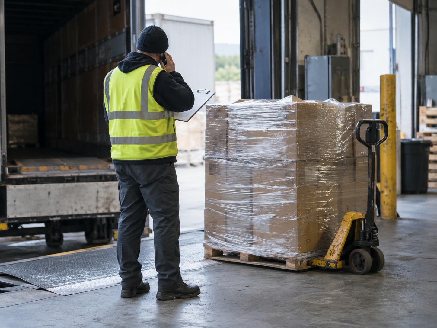 A worker in a high-visibility vest standing at an open trailer with a phone to one ear and a clipboard in the other hand, beside a wrapped pallet on a pallet jack.