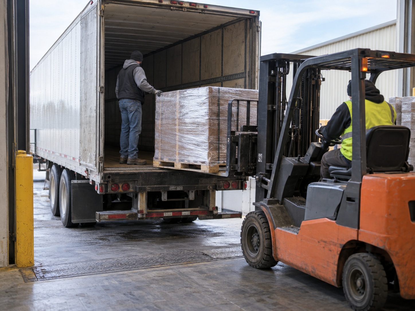 A person inside a trailer pushing a wrapped pallet towards the rear doors while a forklift operator moves in from the dock to take it.