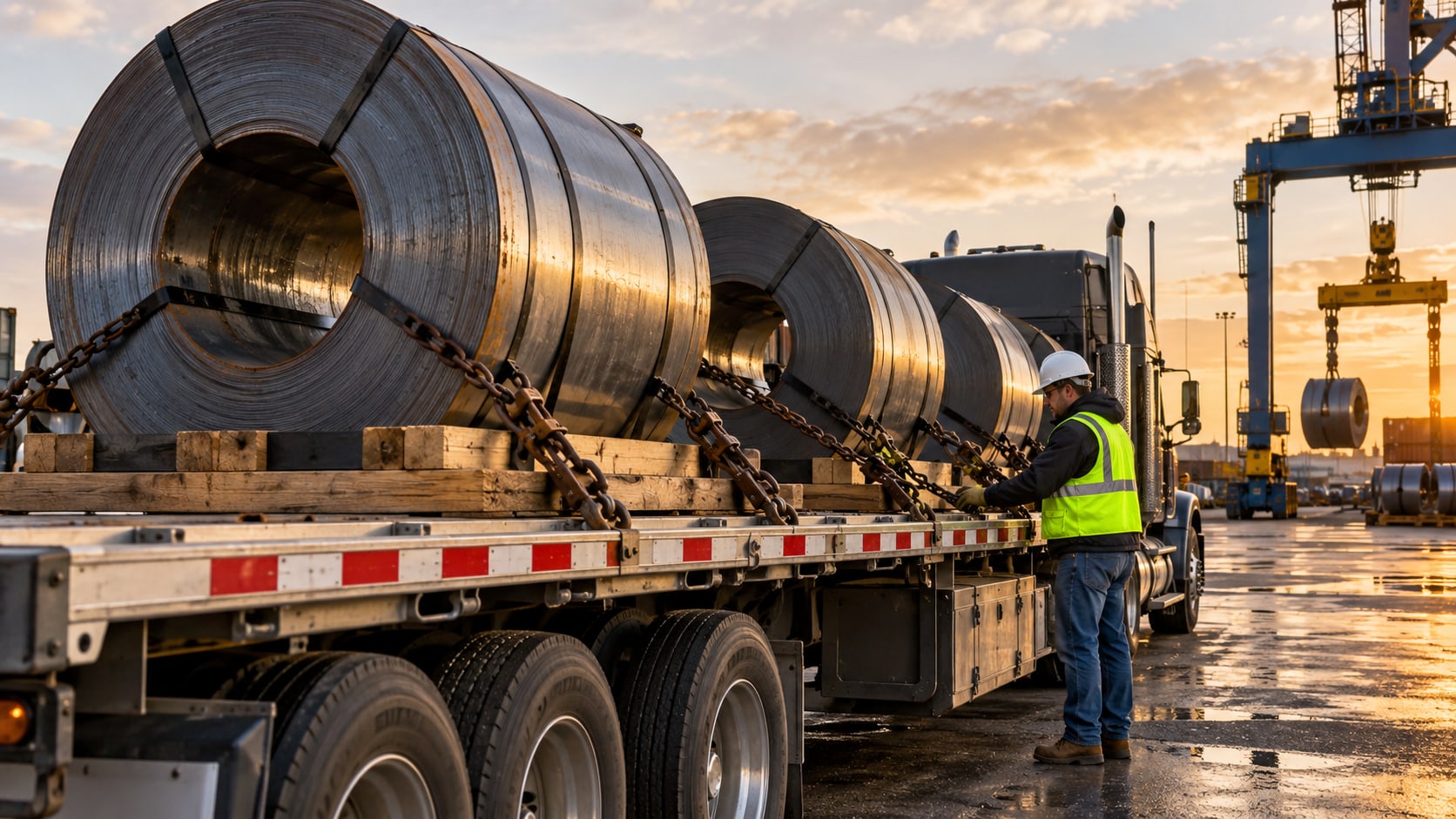 Heavy steel coils chained on a flatbed trailer at a steel yard as a worker checks the securement at sunset.