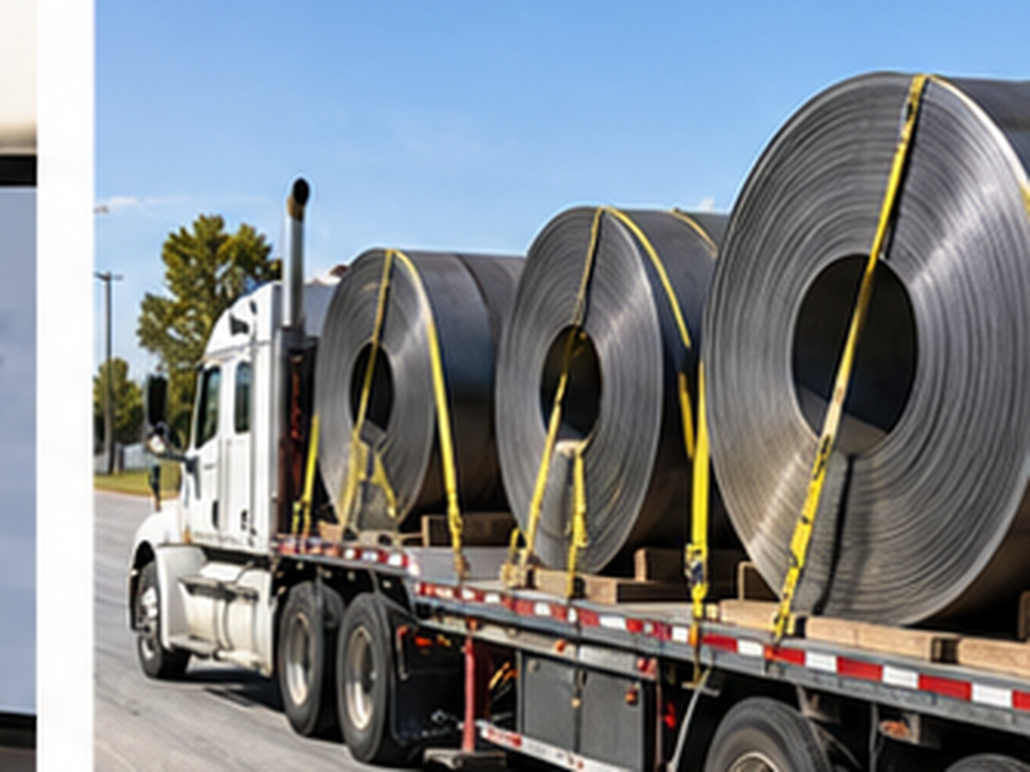 Coils of steel strapped to a flatbed trailer, the kind of dense, securement-heavy load that prices differently from its weight alone.