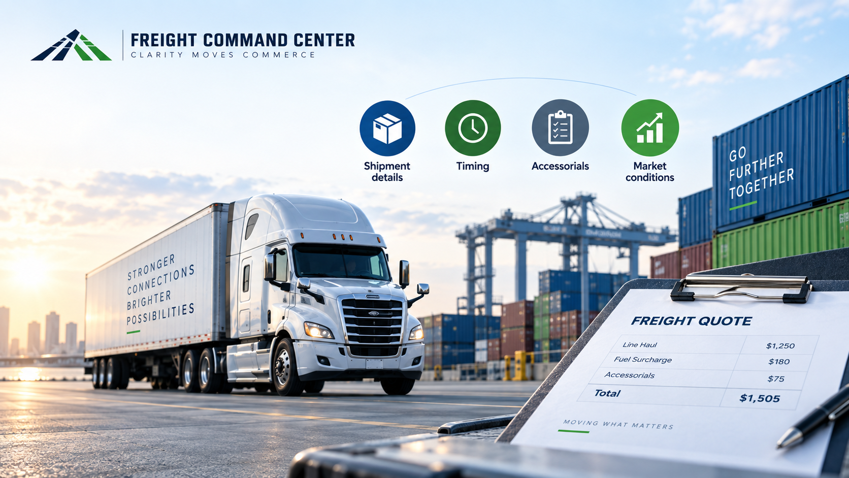 Freight quote illustration with a truck at a container terminal, a sample quote, and four price factors: shipment details, timing, accessorials and market conditions.
