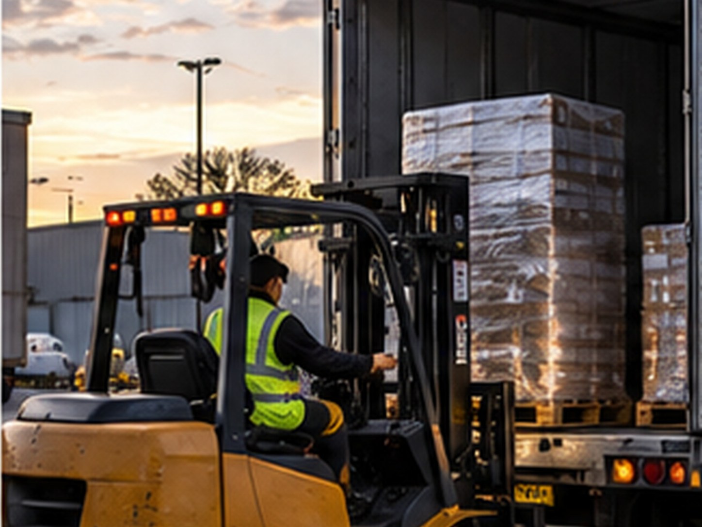 Wrapped pallets waiting at a dock while a tractor-trailer approaches the loading bay late in the day.