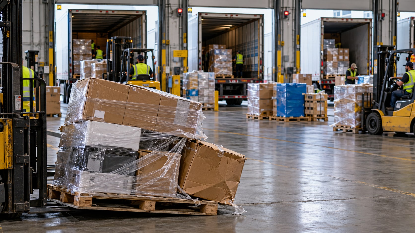 A poorly wrapped pallet with crushed and shifted cartons on a busy LTL dock, forklifts working the trailer doors behind.