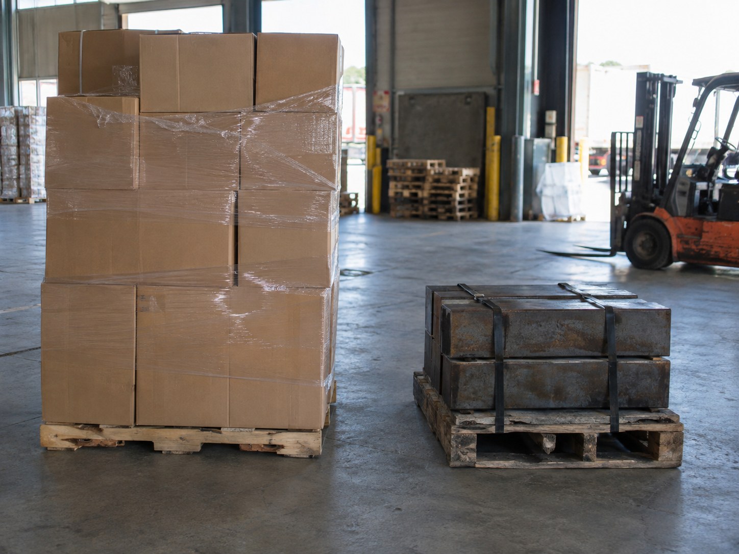 A tall, light pallet of stretch-wrapped cartons standing beside a small, dense pallet of banded steel on the same warehouse floor.